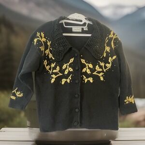 Fitting Image Sweater Womens 14/16 Black Embroidered Floral Button Cardigan READ